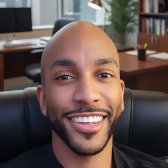 Christopher Zacharie, smiling, seated in a black leather chair in an office.