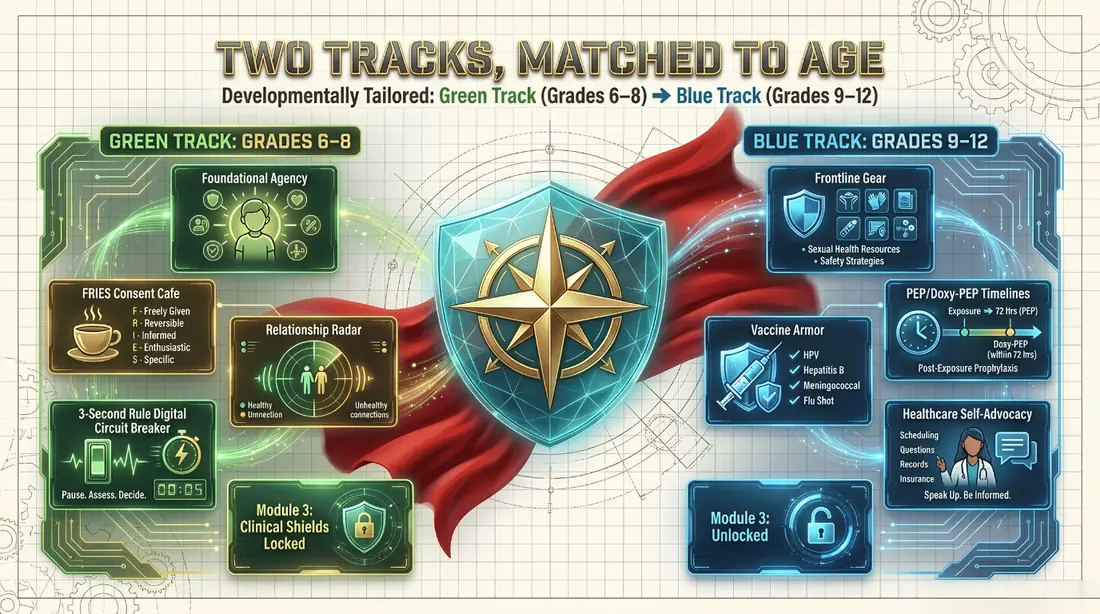 Two tracks, matched to age: Green Track for grades 6–8 and Blue Track for grades 9–12, either side of the CAPE compass shield. Green Track: foundational agency, FRIES Consent Café, relationship radar, the 3-Second Rule digital circuit breaker, and Module 3 clinical shields locked. Blue Track: frontline gear, vaccine armor, PEP and doxy-PEP timelines, healthcare self-advocacy, and Module 3 unlocked.
