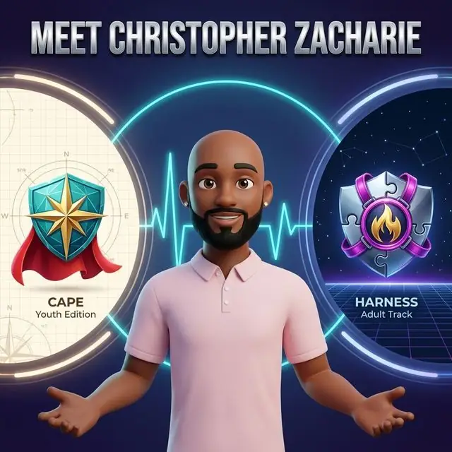 Illustrated portrait of Christopher Zacharie flanked by the CAPE Youth Edition compass-shield badge and the HARNESS Adult Track flame-shield badge.