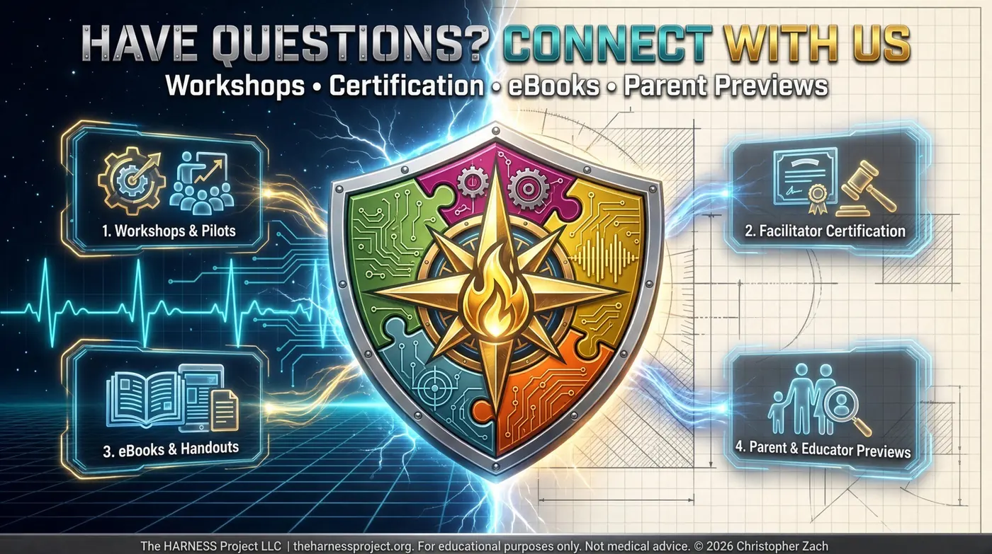 Have questions? Connect with us: workshops, certification, eBooks, parent previews. A MATCH puzzle-piece shield with a gold compass star and flame, linked to four options: 1 Workshops and pilots, 2 Facilitator certification, 3 eBooks and handouts, 4 Parent and educator previews.
