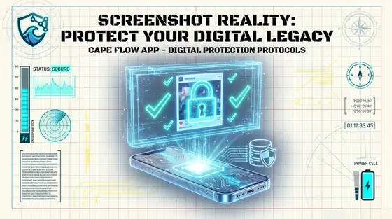 Screenshot Reality: protect your digital legacy. A phone projects a locked post with check marks — CAPE Flow digital protection protocols.