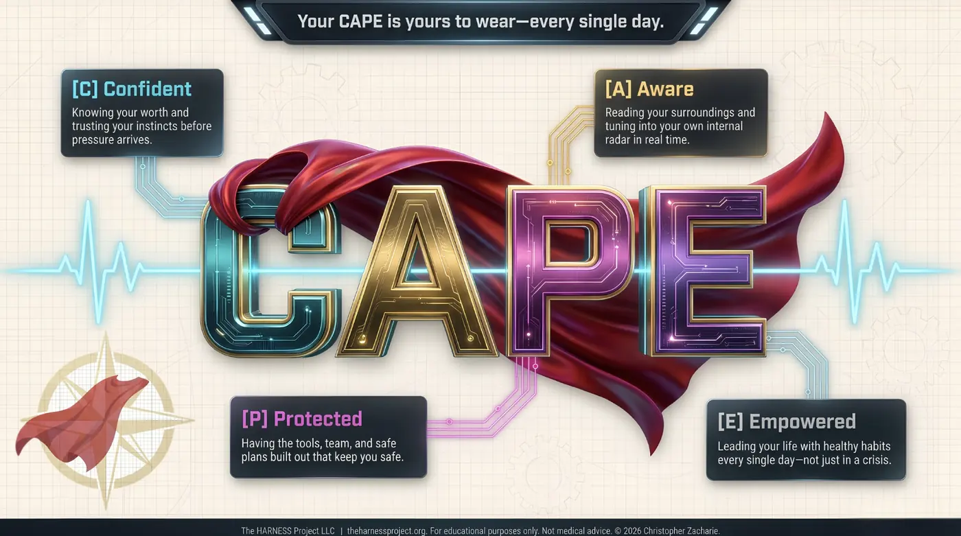 Your CAPE is yours to wear — every single day. The word CAPE in teal, gold, magenta and purple circuit letters wrapped in a red cape over a heartbeat line. C, Confident: knowing your worth and trusting your instincts before pressure arrives. A, Aware: reading your surroundings and tuning into your own internal radar in real time. P, Protected: having the tools, team, and safe plans built out that keep you safe. E, Empowered: leading your life with healthy habits every single day, not just in a crisis.