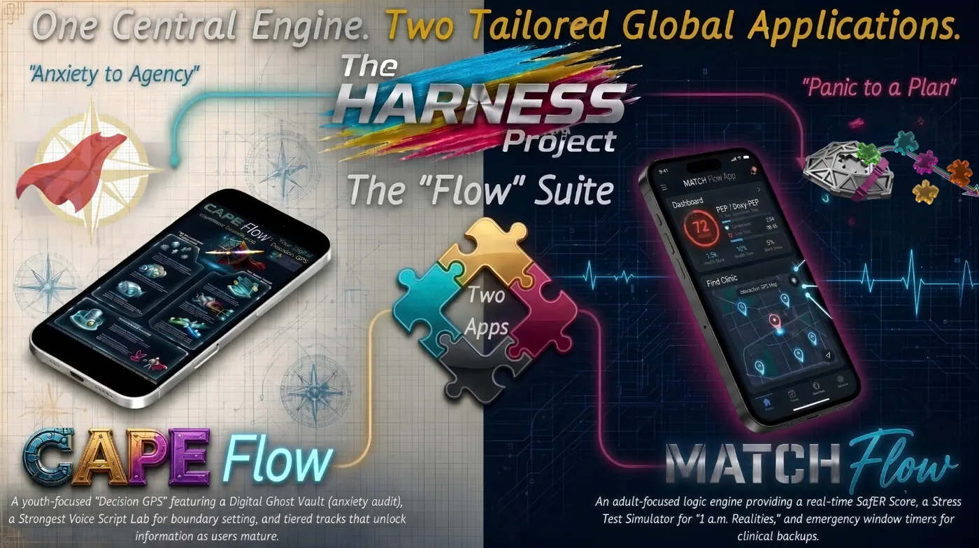 The Flow Suite: one central engine, two apps. CAPE Flow, a youth Decision GPS with a Digital Ghost Vault, Strongest Voice Script Lab and tiered tracks. MATCH Flow, an adult logic engine with a SafER Score, Stress Test Simulator and emergency window timers.