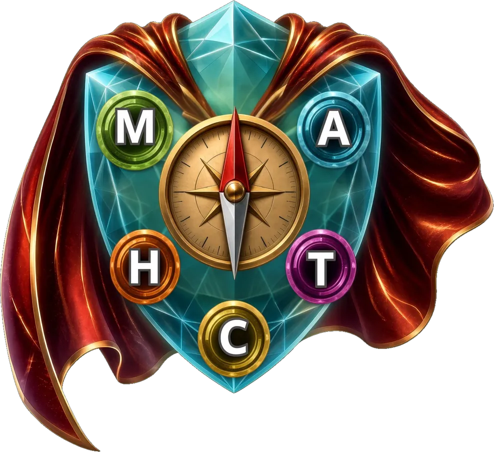 The MATCH Compass crest for CAPE Youth Edition: a teal crystal shield wrapped in a red cape, with a gold compass at the center ringed by five medallions — M green, A teal, T magenta, C gold, H orange.
