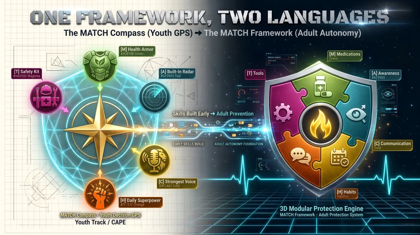 One framework, two languages: the MATCH Compass, a youth Decision GPS, leads to the MATCH Framework for adult autonomy. Left, the youth compass with five nodes — M Health Armor, A Built-In Radar, T Safety Kit, C Strongest Voice, H Daily Superpower. Right, the adult puzzle-piece shield — M Medications, A Awareness, T Tools, C Communication, H Habits. Between them: skills built early lead to adult prevention.