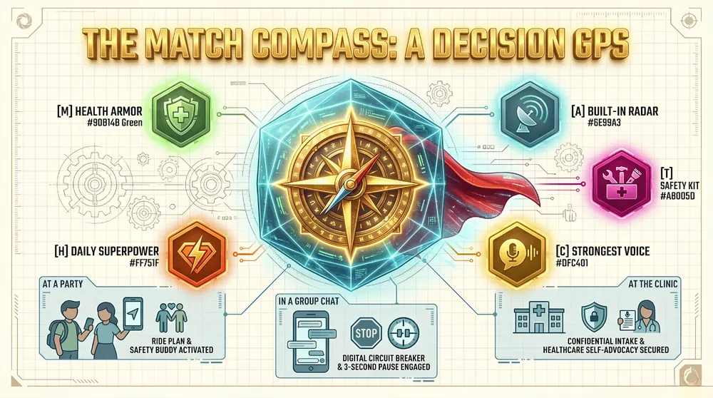 The MATCH Compass: a Decision GPS. A gold compass in a crystal shield with a red cape, ringed by five nodes: M Health Armor, A Built-In Radar, T Safety Kit, C Strongest Voice, H Daily Superpower. Three everyday moments: at a party, ride plan and safety buddy activated; in a group chat, digital circuit breaker and 3-second pause engaged; at the clinic, confidential intake and healthcare self-advocacy secured.