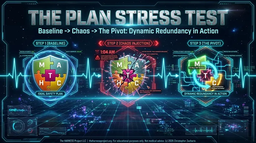 The Plan Stress Test: Baseline, Chaos, The Pivot — dynamic redundancy in action. Step 1, Baseline: the full MATCH puzzle shield, an ideal safety plan. Step 2, Chaos injection at 1:04 a.m.: the shield cracks when a barrier fails. Step 3, The Pivot: the M piece, the 72-hour PEP window, and the C piece activate to restore protection.
