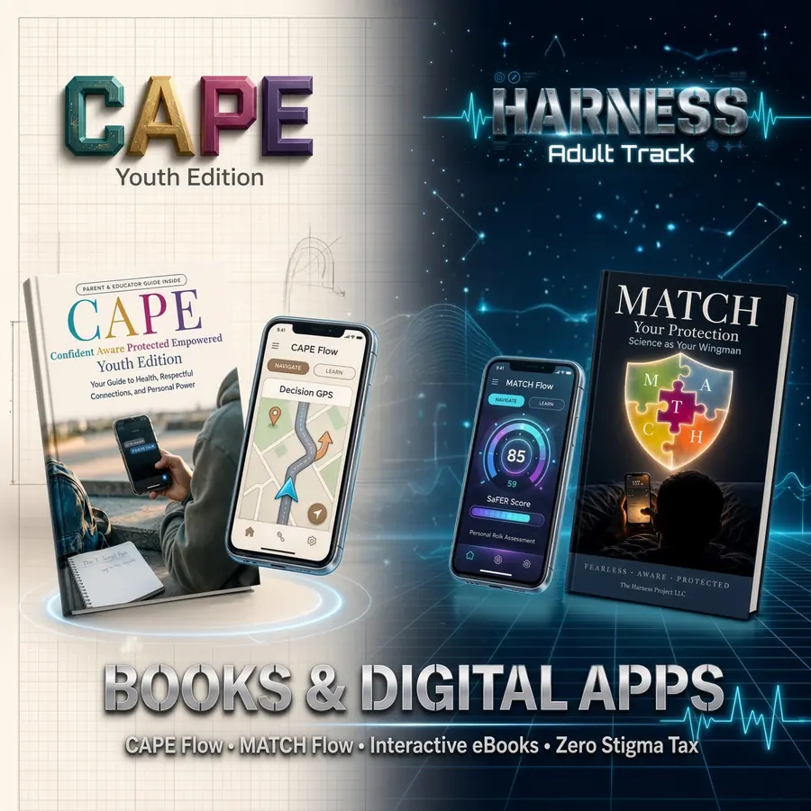 Books and digital apps: CAPE Flow, MATCH Flow, interactive eBooks, Zero Stigma Tax. On the left, the CAPE Youth Edition book beside a phone running CAPE Flow; on the right, the MATCH Your Protection book — Science as Your Wingman — beside a phone running MATCH Flow.