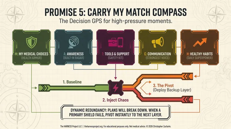 Promise 5: Carry my MATCH Compass, the Decision GPS for high-pressure moments: baseline, inject chaos, pivot to a backup layer.