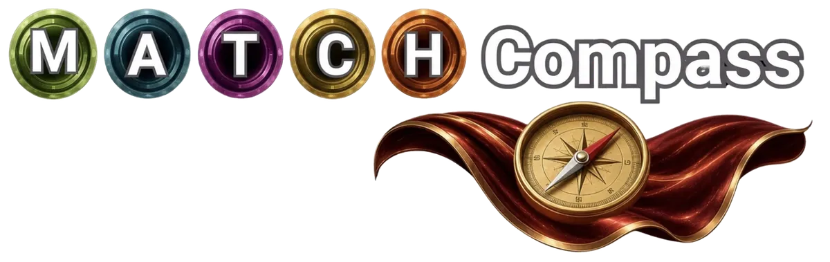 MATCH Compass: five medallions M, A, T, C, H beside a compass on a flowing red cape.
