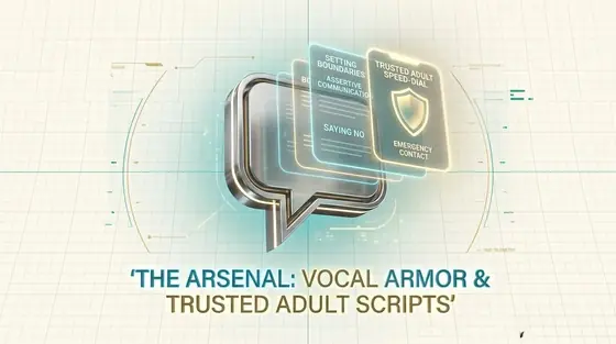 The Arsenal: vocal armor and trusted adult scripts. A steel speech bubble with cards for setting boundaries, assertive communication, saying no, and trusted adult speed-dial.