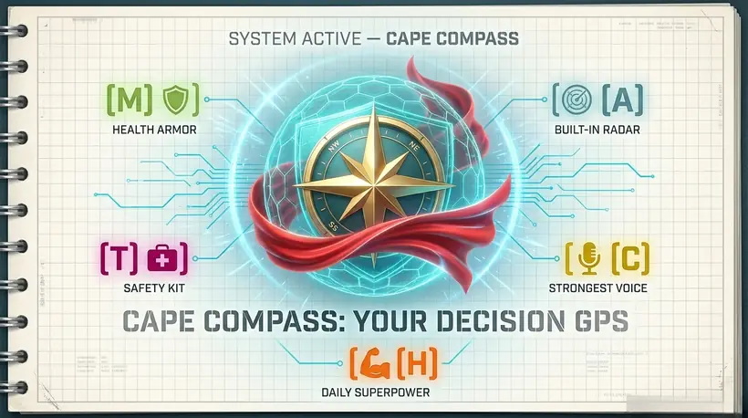 System active — CAPE Compass: your Decision GPS. A gold compass star wrapped in a red cape inside a glowing shield, linked to five nodes: M Health Armor, A Built-In Radar, T Safety Kit, C Strongest Voice, H Daily Superpower.