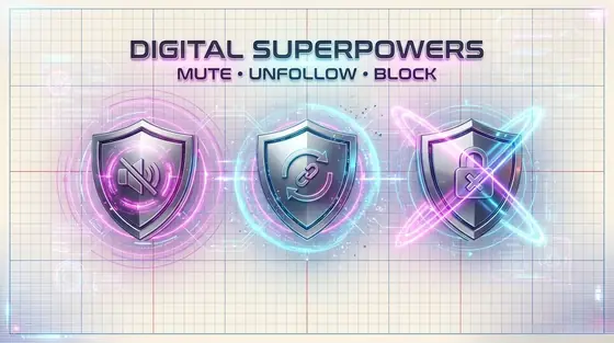Digital Superpowers: mute, unfollow, block. Three glowing shields with mute, unlink, and lock icons.
