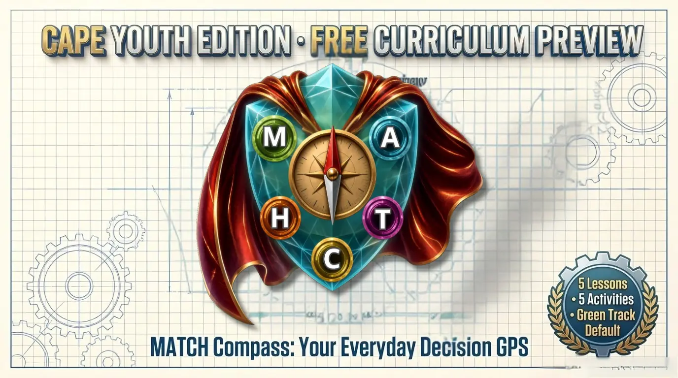 CAPE Youth Edition free curriculum preview: MATCH Compass, Your Everyday Decision GPS. A shield with a compass and M, A, T, C, H medallions on a red cape; badge reads 5 lessons, 5 activities, Green Track default.