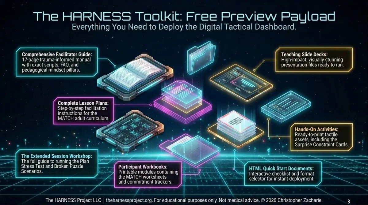 The HARNESS Toolkit, Free Preview Payload: Comprehensive Facilitator Guide, Complete Lesson Plans, The Extended Session Workshop, Participant Workbooks, Teaching Slide Decks, Hands-On Activities, and HTML Quick Start Documents.