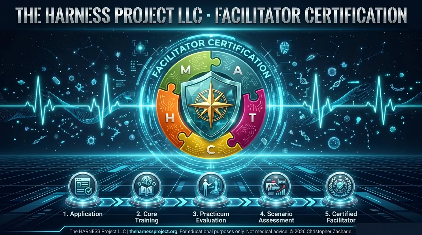 The HARNESS Project LLC Facilitator Certification. A MATCH puzzle ring around a shield and compass star, above five steps: 1 Application, 2 Core Training, 3 Practicum Evaluation, 4 Scenario Assessment, 5 Certified Facilitator.