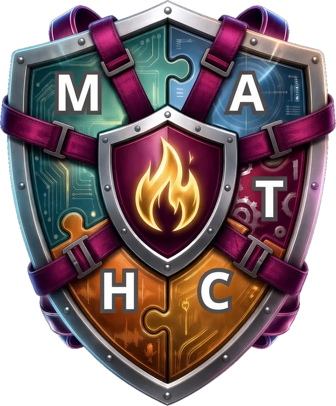The MATCH Framework crest for the HARNESS Adult Track: a steel shield of five puzzle pieces — M, A, T, C, H — held together by magenta harness straps, with a flame on a center shield.