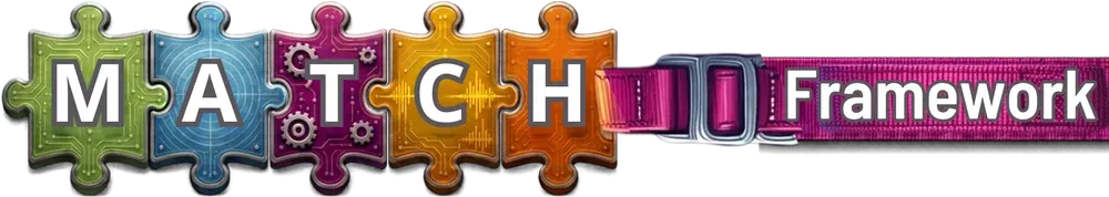 MATCH Framework, the adult track: five interlocking puzzle pieces M, A, T, C, H joined to a magenta harness strap.
