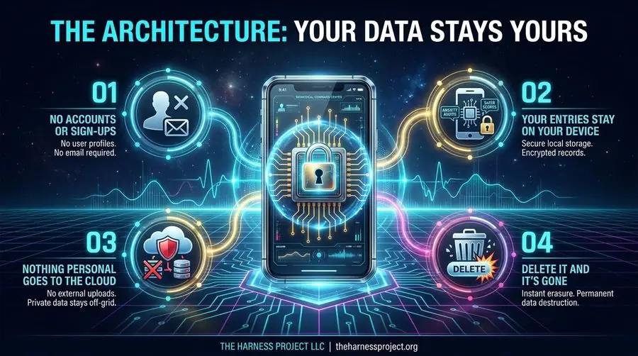The architecture: your data stays yours. No accounts or sign-ups, entries stay on your device, nothing personal goes to the cloud, delete it and it's gone.