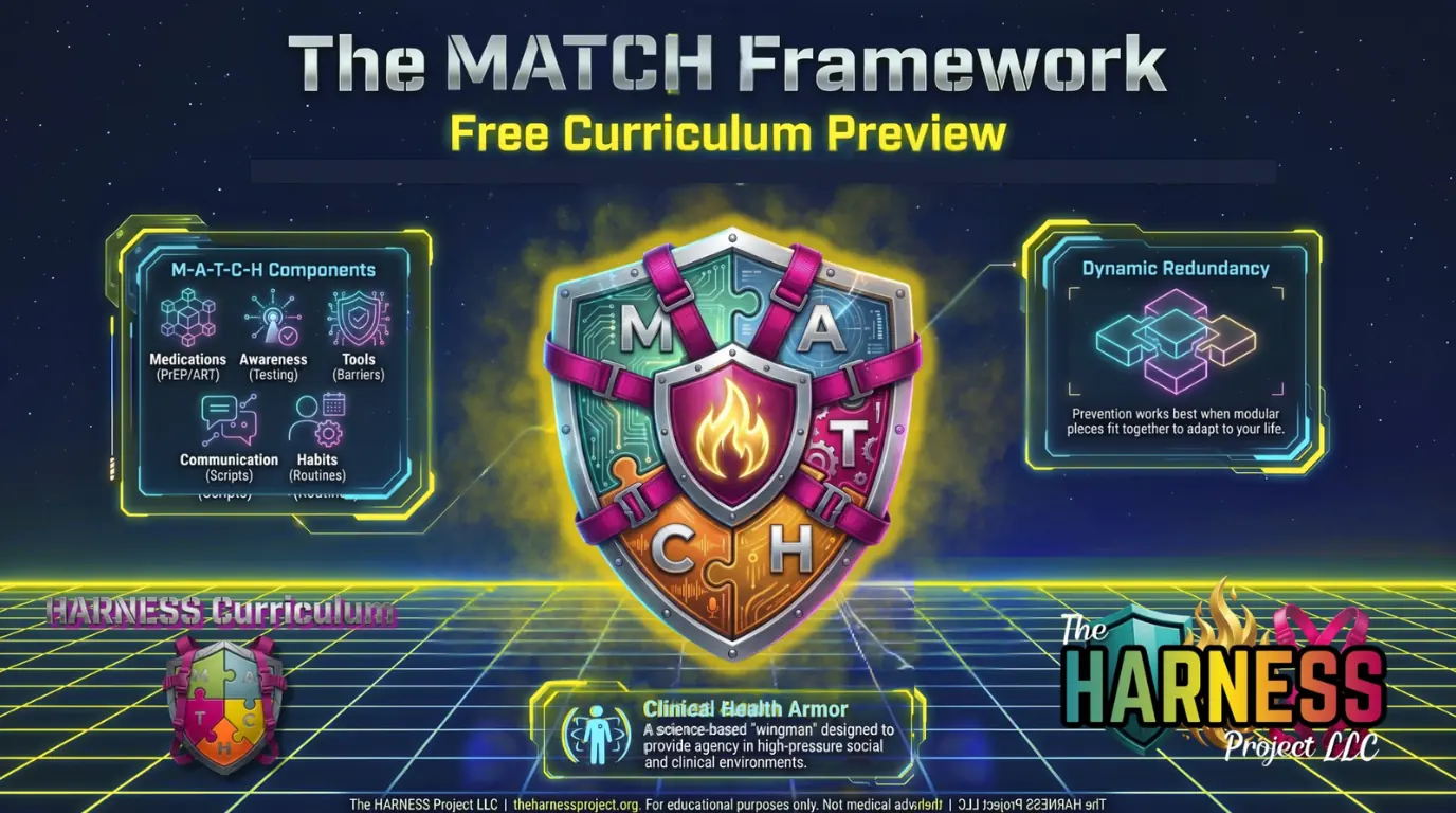 The MATCH Framework, Free Curriculum Preview. A harnessed puzzle-piece shield with M, A, T, C, H and a flame; panels for the five MATCH components (Medications, Awareness, Tools, Communication, Habits), Dynamic Redundancy, and Clinical Health Armor.