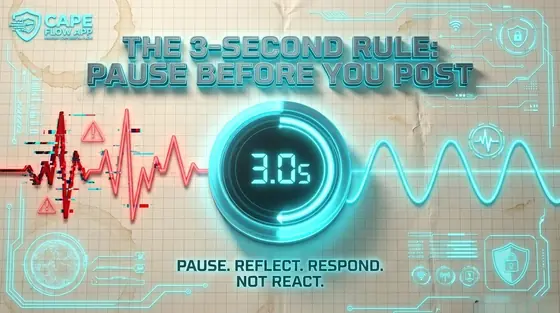 The 3-Second Rule: pause before you post. A 3.0-second timer turns a jagged red signal into a calm teal wave. Pause. Reflect. Respond. Not react.