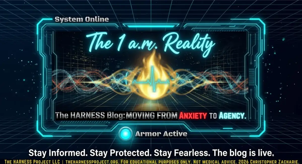 The 1 a.m. Reality. The HARNESS Blog: moving from anxiety to agency. A glowing flame with a heartbeat line inside a tactical HUD frame. System online. Armor active. Stay informed. Stay protected. Stay fearless. The blog is live.