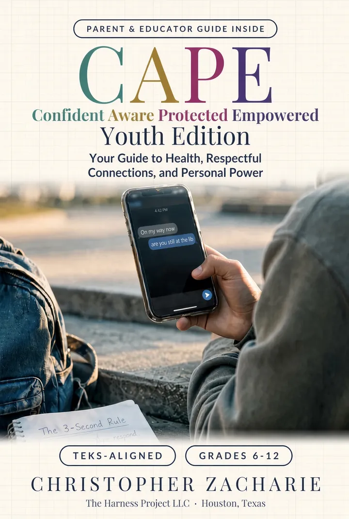 Front cover of CAPE Youth Edition: Confident, Aware, Protected, Empowered — Your Guide to Health, Respectful Connections, and Personal Power, by Christopher Zacharie. Badges read Parent and Educator Guide Inside, TEKS-aligned, and Grades 6–12. A teen in a hoodie holds a phone above a notebook titled The 3-Second Rule.