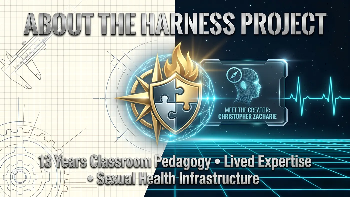 About The HARNESS Project. A gold compass star and flame behind a puzzle-piece shield, beside a panel reading Meet the creator: Christopher Zacharie. 13 years classroom pedagogy, lived expertise, sexual health infrastructure.