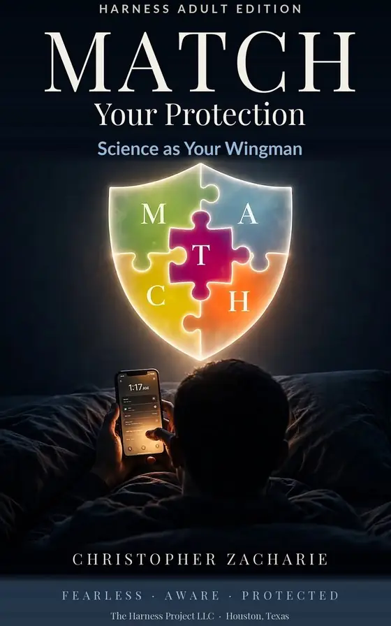 Front cover of MATCH Your Protection, HARNESS Adult Edition, by Christopher Zacharie. A glowing MATCH puzzle shield hovers above a person checking a phone in bed at 1:17 a.m.