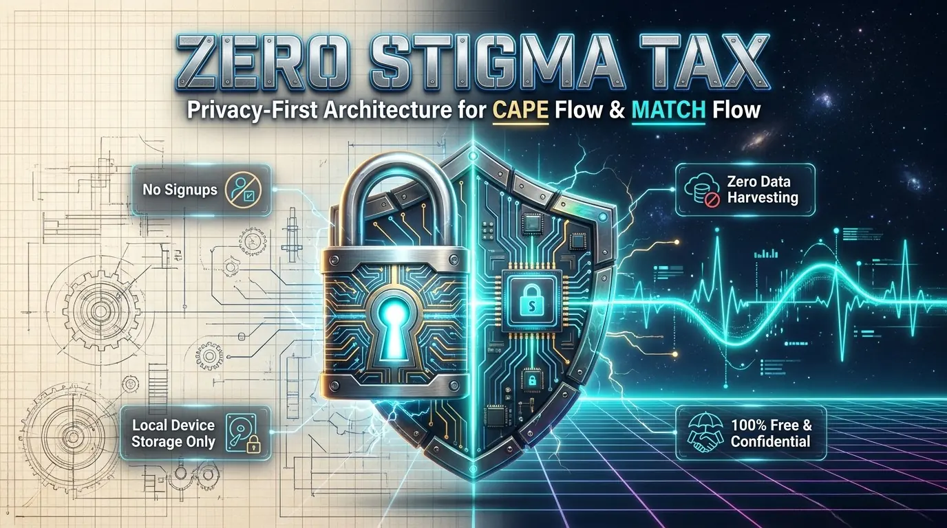 Zero Stigma Tax: privacy-first architecture for CAPE Flow and MATCH Flow. A padlock and circuit shield between four promises: no signups, zero data harvesting, local device storage only, 100% free and confidential.