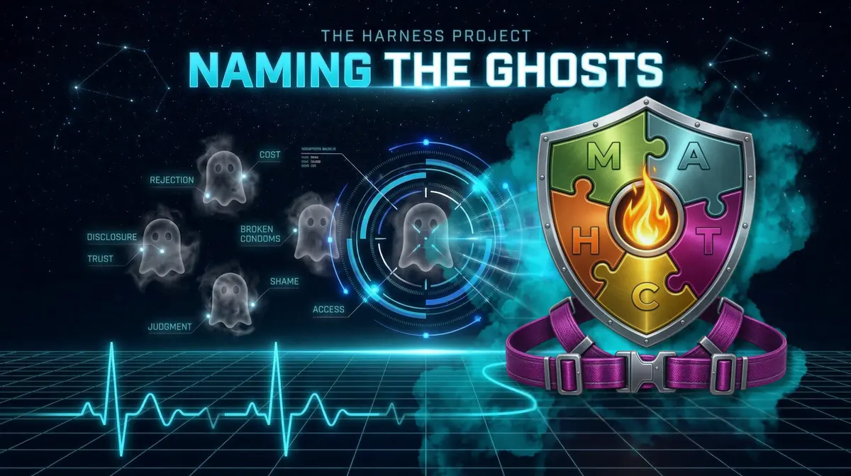 Naming the Ghosts: The HARNESS Project. Ghost icons labeled Rejection, Cost, Disclosure, Trust, Broken condoms, Shame, Judgment, and Access drift toward a targeting scope that locks onto one ghost and sends it into the MATCH puzzle shield — M, A, T, C, H around a central flame — strapped into a magenta harness.
